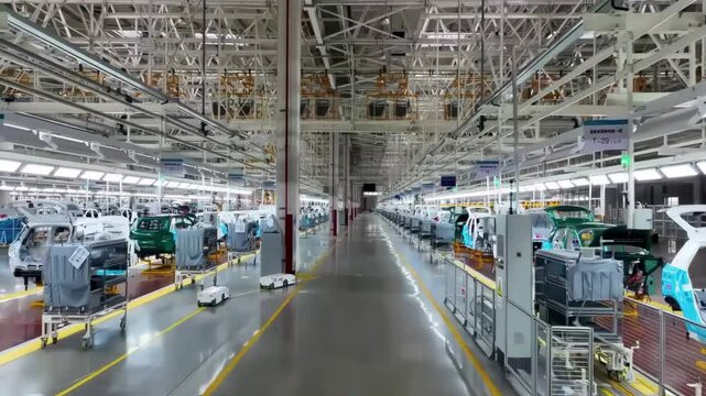 Close up view robot arm inspecting an automobile assembly line works in a factory that assembles lithium or sodium batteries used in cars or electric vehicle.