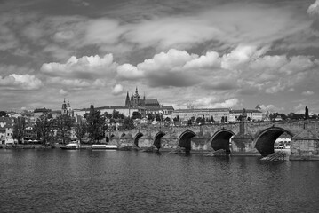 Cityscape view of Prague castle, Vltava river and Mala strana district in Prague, capital of Czech republic