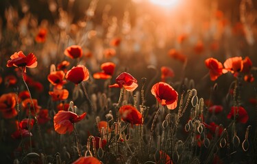 Obraz premium Red Poppy Field at Golden Hour Sunset