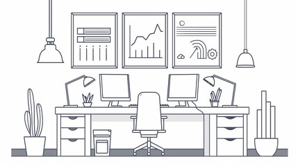 sketch of furniture, line art of office environment, 2d illustration of desk
