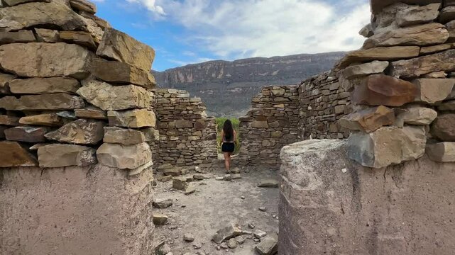 Young Female Hiker in Ruins of Terlingua Abaja Ghost Town, Chihuahuan Desert, Big Bend National Park, Texas, USA