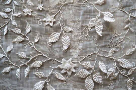 A white fabric intricately decorated with delicate lacework in the form of intertwining vines, leaves, and flowers, Delicate lacework in the form of intertwining vines and leaves