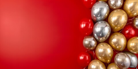 Fototapeta premium Gold Silver Balloons Red Background Birthday Party Decor