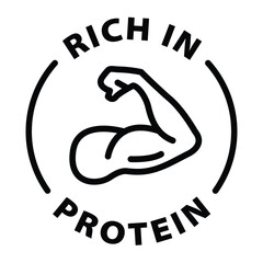 rich in protein black outline icon round rounded circle badge stamp label isolated on transparent background