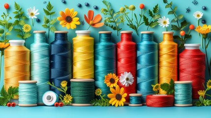 Vibrant sewing threads and tools on blue background for crafting and diy projects