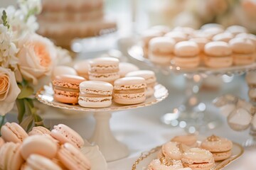 Colorful macarons arranged on a display stand at a wedding reception, Delicate lines of an elegant dessert spread, featuring macarons and petite fours