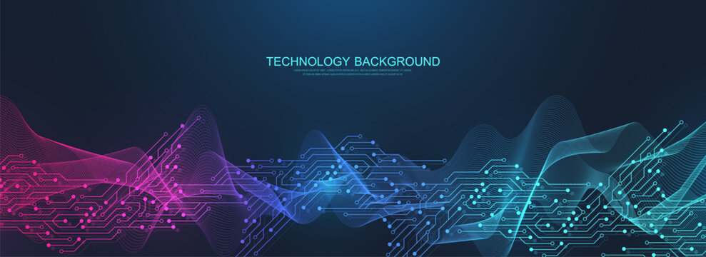 Technology abstract background. Modern electronic motherboard texture. Engineering and communication concept for header, web banner, website, presentation.