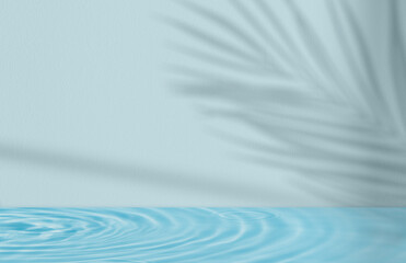 Summer Background,Water Waves Abstract Pattern Texture on Swimming pool,Concrete Wall Studio with Light, Shadow Palm Leaves,Studio Room with Podium Display and Nature water Circle Surface for Product