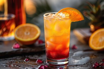 A tequila sunrise cocktail in a tall glass, with grenadine creating a gradient effect, topped with an orange slice.