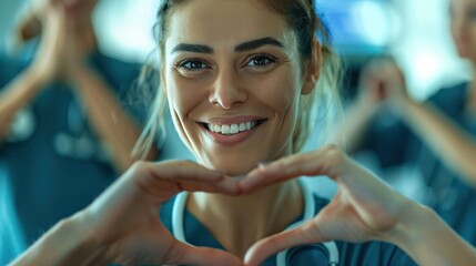 Female doctor making hand drawn heart shape looking at camera smiling happily Blurred background of a team of nurses in a hospital
