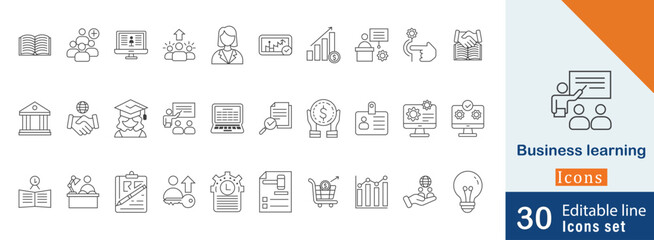 Business Learning editable stroke  icon set . with Market Research, Strategy Planning, Financial Analysis, Global Business and more line icons
