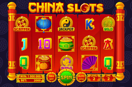Complete UI for slot games. Chinese-themed Casino Game. Set of 12 Slot symbols. The game user interface is cartoon-style with basic buttons