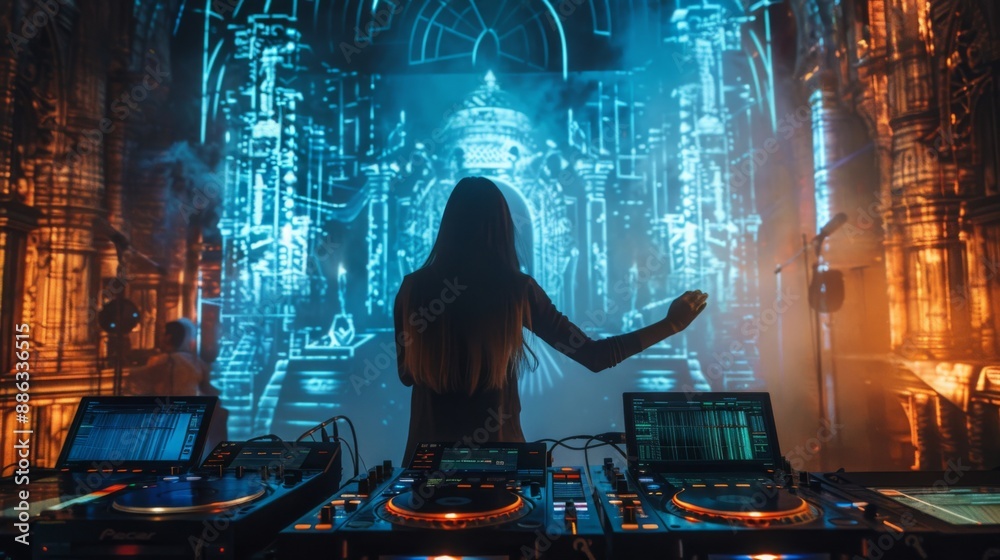 Poster a woman stands behind a dj console with two turntables, mixing music in front of a projection of an 