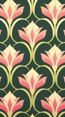 A pattern of stylized pink and yellow flowers on a dark green background