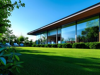 A lush green lawn, meticulously trimmed, surrounding a modern house with large windows reflecting the clear blue sky, a peaceful oasis of tranquility.