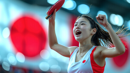 Fototapeta premium Triumphant Female Japanese Table Tennis Player Celebrating Victory with Blurred Japanese Flag in Background 