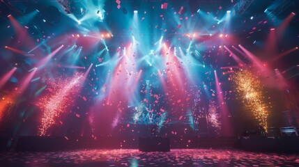 Confetti falls on a brightly lit stage as part of a concert or other performance.