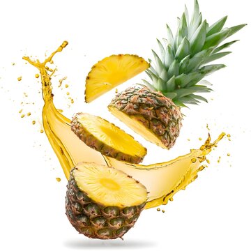 pineapple Fruit with half slices and juice falling in the air isolated on white background