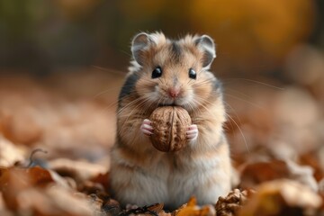 A tiny hamster holding a walnut in its paws, sitting on a soft bed of wood shavings. The hamster's cheeks are puffed up with food 