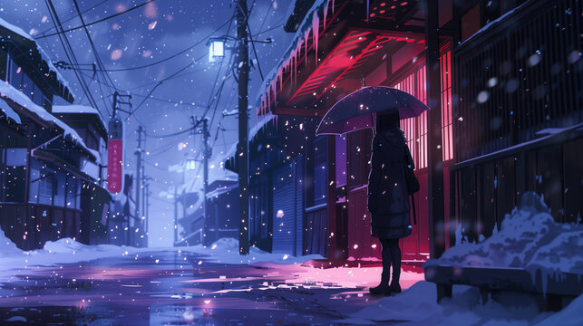  A girl standing outside with umbrella while snowing, snow weather, 2d anime with lofi style, single color hue, Japanese cozy vibe