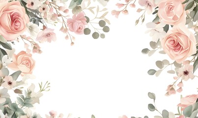 Floral border frame with pink roses, Generative AI