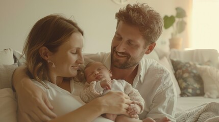 A young couple lovingly holds their newborn baby in their arms. The father smiles down at the sleeping infant, while the mother looks on with a soft expression.
