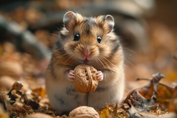 A tiny hamster holding a walnut in its paws, sitting on a soft bed of wood shavings. The hamster's cheeks are puffed up with food 