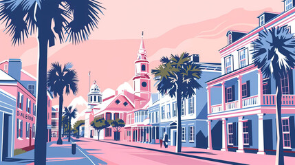 Naklejka premium Risograph riso print travel poster, card, wallpaper or banner illustration, modern, isolated, clear, simple of Charleston, South Carolina, USA. Artistic, screen printing, stencil