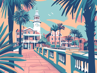 Naklejka premium Risograph riso print travel poster, card, wallpaper or banner illustration, modern, isolated, clear, simple of Charleston, South Carolina, USA. Artistic, screen printing, stencil