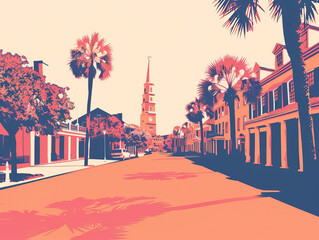 Obraz premium Risograph riso print travel poster, card, wallpaper or banner illustration, modern, isolated, clear, simple of Charleston, South Carolina, USA. Artistic, screen printing, stencil