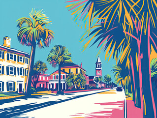 Obraz premium Risograph riso print travel poster, card, wallpaper or banner illustration, modern, isolated, clear, simple of Charleston, South Carolina, USA. Artistic, screen printing, stencil