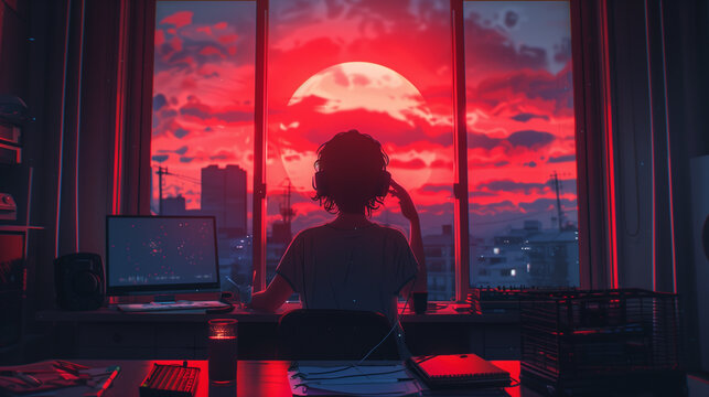 lofi or lo-fi style background, girl sit on the floor while watching sunset outside the window, listening music with headphone, japanese cozy vibe, lo fi background