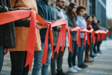 Diverse group of people holding red ribbons