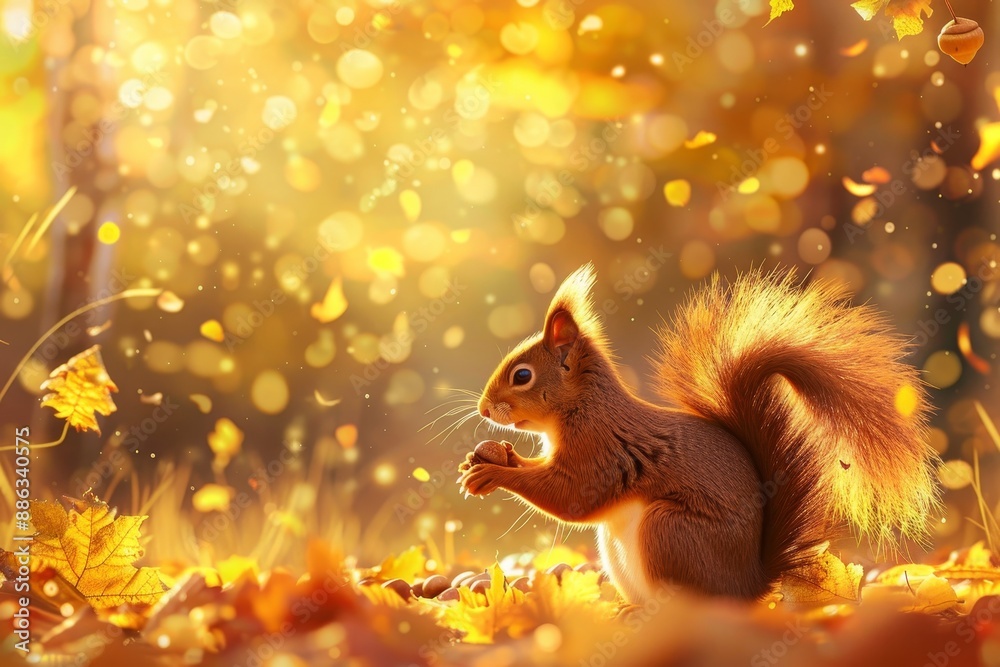 Sticker a squirrel is perched on a bed of fallen autumn leaves, delightful squirrel gathering acorns in a go