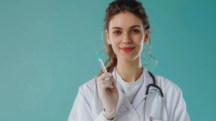 Confident female doctor with syringe in hand stands against turquoise background. White lab coat buttoned neatly, stethoscope around her neck, slight smile on her lips