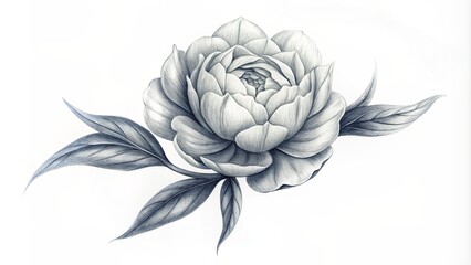 Fototapeta premium Beautifully detailed black and white peony in a decorative tattoo design. It has a pure white background to highlight its natural charm