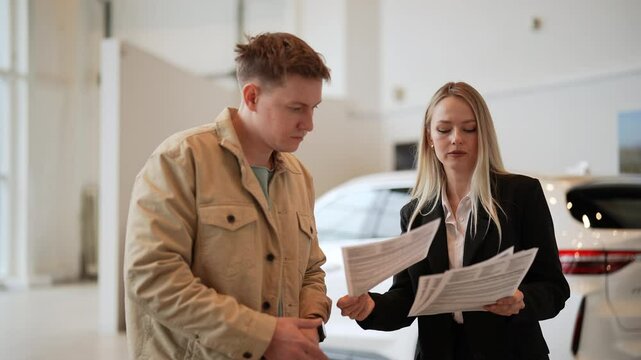 Portrait of focused female car seller provides all information about new car using paper documents to male client at dealership. Serious young man reading technical specifications of auto at showroom.