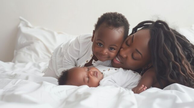 A Black mother rests peacefully in bed with her two children. The infant peacefully sleeps on her chest, while the older child, a toddler, leans in to kiss his mother on the cheek.