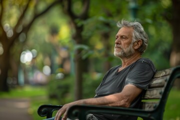 Naklejka premium A middle-aged man with grey hair and a beard sits alone on a park bench. Surrounding him are green trees and bushes