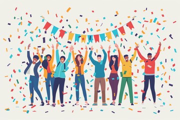 A group of diverse people are celebrating with their hands raised in the air. They are all wearing party hats and there are colorful streamers and confetti falling around them.