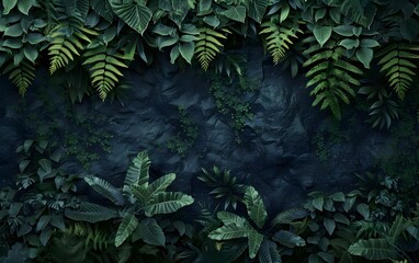 Fototapeta premium Dark Green Jungle Wall with Ferns