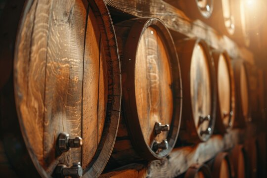Rustic wooden barrels stacked in a brewery cellar, filled with aging local beers
