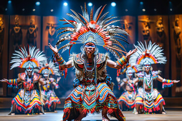 Fototapeta premium Group of indigenous people wearing colorful costumes performing traditional dance on stage