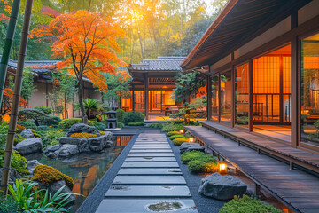 Traditional japanese zen garden with pond and stone pathway leading to house