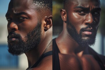 A closeup portrait of a man with a full beard, captured outdoors during the day. The images are split into two halves, focusing on the man's face from different angles - Powered by Adobe