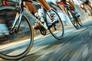 Fototapeta premium An energetic sport photo shows a cyclist's legs in motion during a road race, emphasizing speed and energy with a focus on the spinning wheels