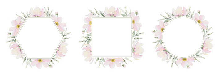 Set of Cosmos flowers and leaves. Isolated hand drawn watercolor frame of pink cosmea. Summer floral of pink wildflowers wreath for wedding invitations, cards, greetings, save the date