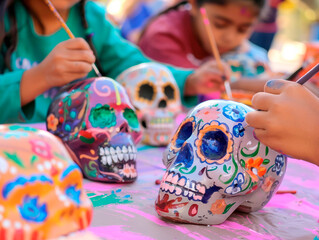 Children painting colorful sugar skulls for Day of the Dead in Mexico