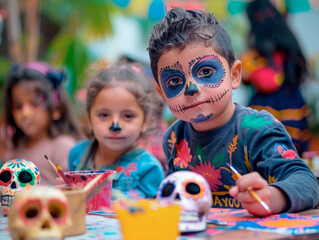 Children with face paint decorating sugar skulls for Day of the Dead in Mexico