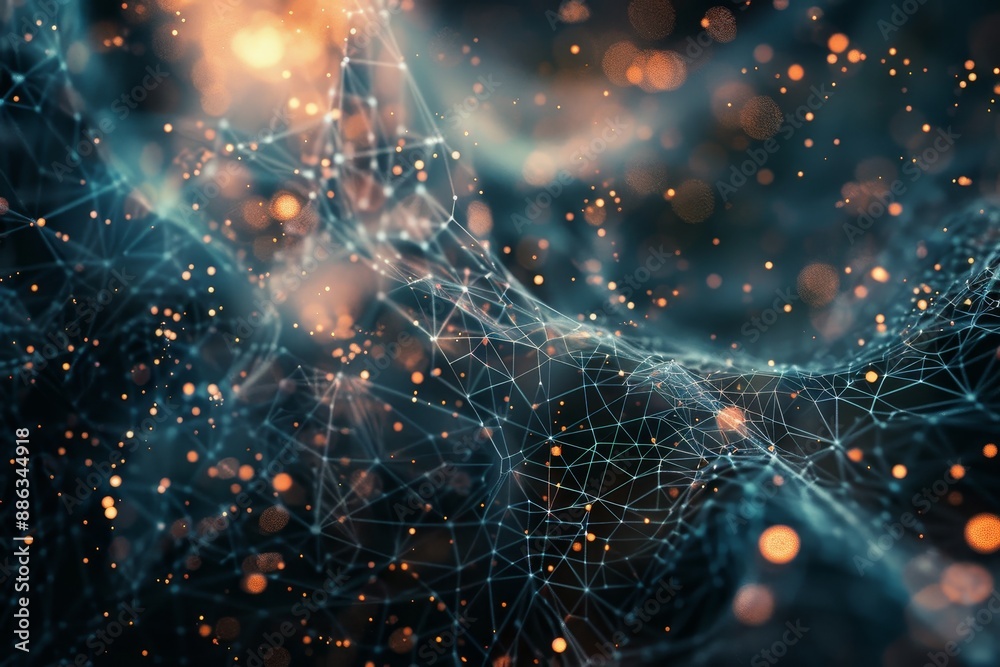 Poster abstract digital ecosystem with interconnected dots symbolizing data flow and communication, depict 